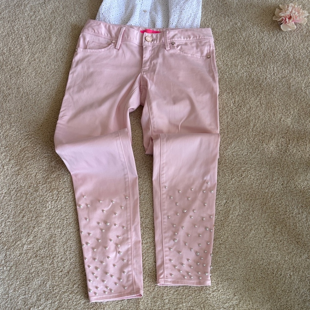 Lilly Pulitzer Pink Worth Skinny Jeans with Studded pearl Accents, 0
